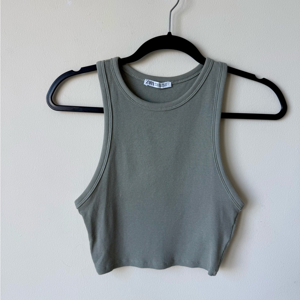 Zara Ribbed Olive Green Cropped Tank